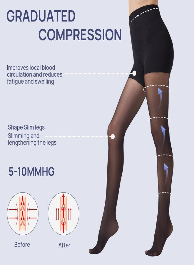 MANZI 2 Pairs Sheer Compression Pantyhose for Women 5-10mmHg Support Compression Stockings 30D Shaping Tights(Black,L) - Image 3
